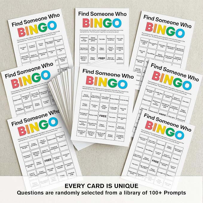 Find Someone Who Bingo Cards, 25 Unique Randomized 5x7 Sheets, Get to Know You Bingo Game for Adults, Ice Breaker Office Party Games, Team Building Games for Work, High Replay Value - B003