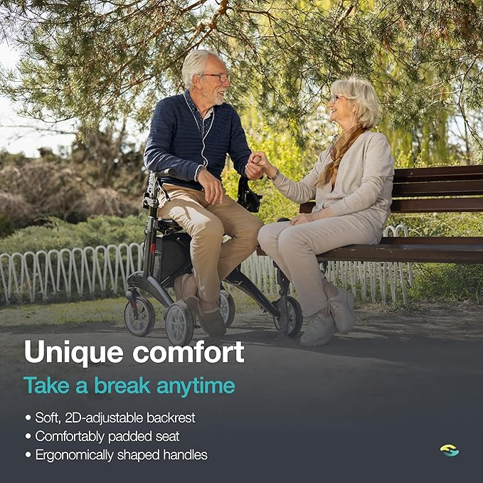 Helavo Carbon Ultralight Rollator Walker, 4 Wheel Walker with Seat and Brakes, 300 lbs Capacity, Lightweight (12.3 lbs), 8" Wheels, Height Adjustable Folding Rollator, Black