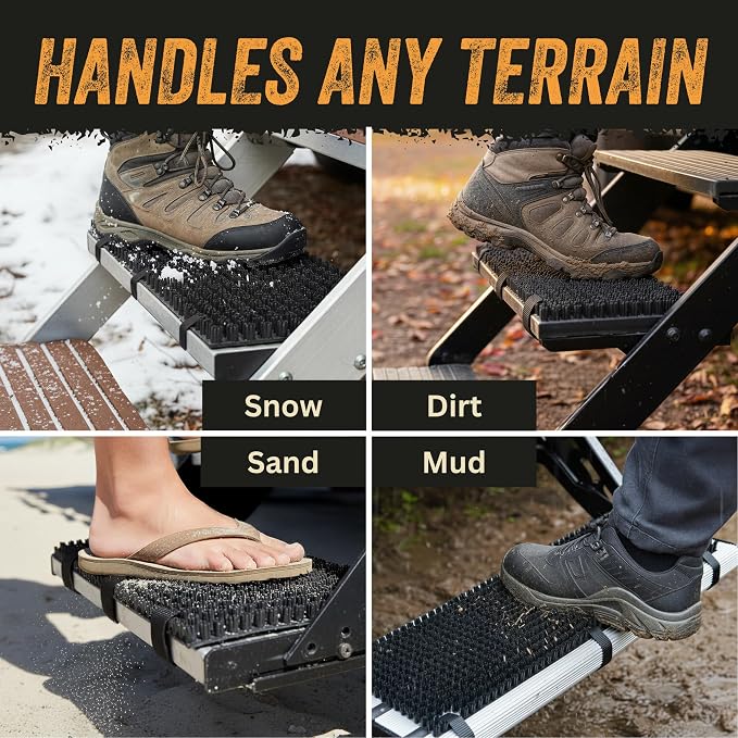 TrailScrubber RV Step Covers, Boot Brush Scrubber Mat for Camper Steps | RV Step Brush & Camper Step Covers, Fits Steps 18.5-22 in Wide, Non Slip Bristle Tread, Hose-off Clean, Straps Included