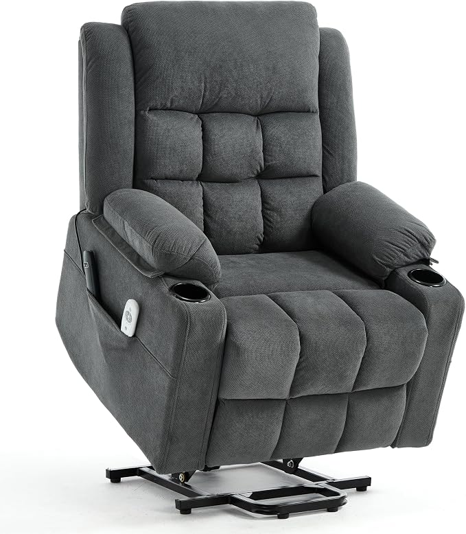 Power Lift Chair Recliners for Elderly with Heat and Massage, Recliner Chairs for Adults, Upgraded Fabric Recliner with USB & Type-C Charge Port, Cup Holders (Grey-O)