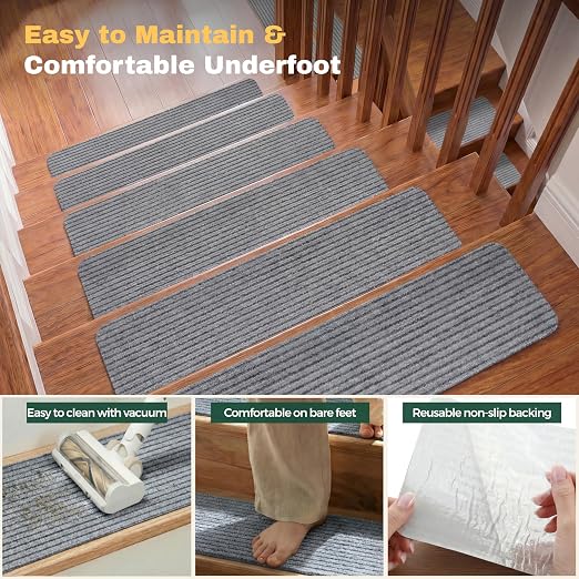 MBIGM Carpet Stair Treads for Wooden Steps, 15 Pack, 8" x 30", Light Gray | Four-layer polyester carpet with PP grid base, nonwoven cushion and TPR adhesive backing adds indoor traction and comfort
