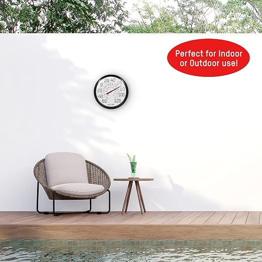 Taylor Big and Bold Wall Thermometer, Indoor Outdoor Thermometer, Wireless Thermometer with Easy to Read Numbers for Patio, Pool, and Indoor Areas, 13.25-inch, Black