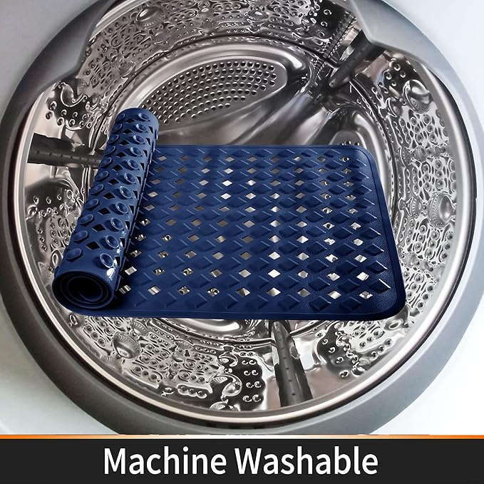 Yimobra Non Slip Bath Mat, Super Strong Suction Cups,34.5"x15.5"Long Tub Mat with Drain Holes, Machine Washable Fast Draining Shower Mats, Bathroom Essentials,Navy Blue