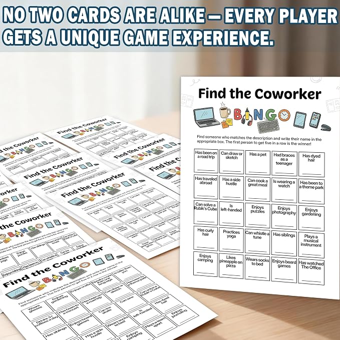 Team Building Games for Work Adults – Find Someone Who Bingo Game, 25 Unique Human Bingo Cards 5x7 Inch, Ice Breaker & Office Games for Parties, Meetings & Events - A04