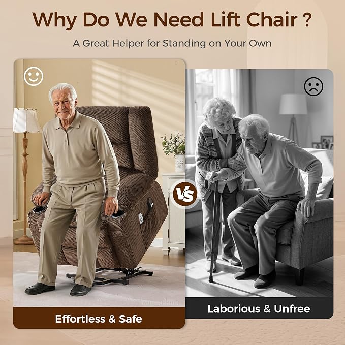 Power Lift Recliner Chair for Elderly, Electric Reclining Lift Chair with Massage and Heating, Comfy Overstuffed Recliner Single Sofa with Cup Holders, Pockets, USB Charge Port for Living Room, Brown