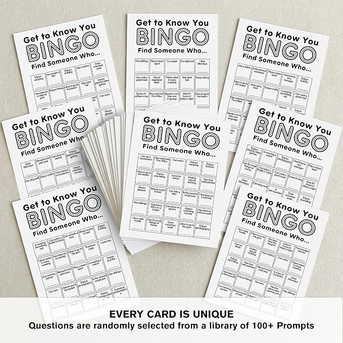 Find Someone Who Bingo Cards, 25 Unique Randomized 5x7 Sheets, Get to Know You Bingo Game for Adults, Ice Breaker Office Party Games, Team Building Games for Work, High Replay Value - A01
