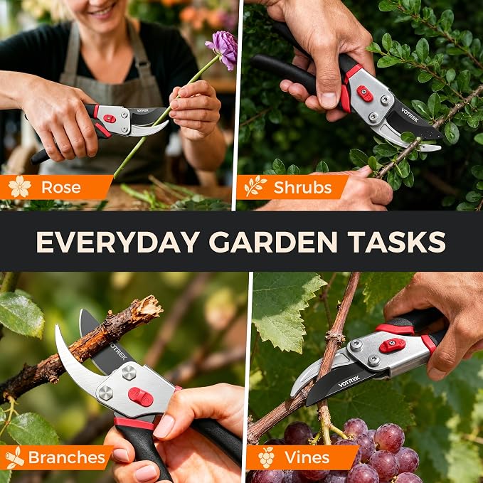 VOTREK® Bypass Pruning Shears, 8.5" Jam-Proof Spring Clippers for branches | Sharp & Anti-Rust SK5 Blade, Ergonomic Non-Slip Grip for Weak Hands, Garden Pruner for Rose, Bonsai, Heavy Duty Tree