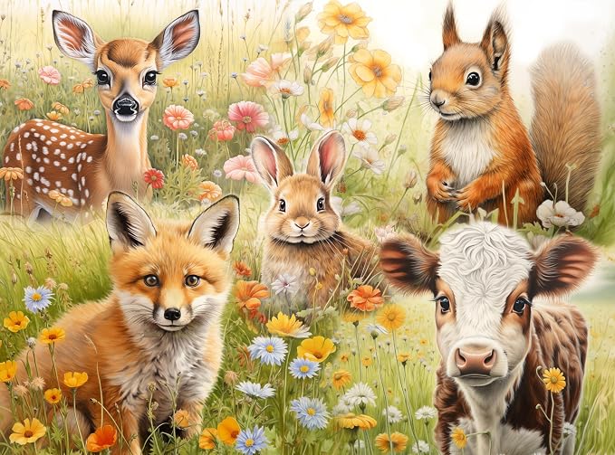 Adult Jigsaw Puzzle 1000 Piece Cute Animals | Features deer, cow, fox, squirrel, and rabbit artwork. 20x27-inch. Great for game nights on a table, puzzleboard, or floor.