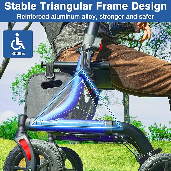 Walkers for Seniors with Seat, Foldable Rollator Walker, Reinforced Aluminum Frame, 10" Big Rubber Wheels for All Terrain, Built-in Cable, Lightweight Rolling Walker, Blue