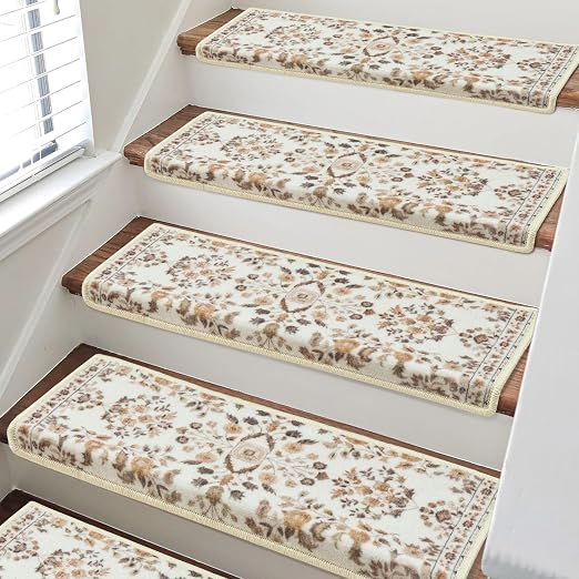 RORA Bullnose Stair Treads for Wooden Steps, Non Slip Stair Carpet 7pcs | Washable, Self-Adhesive, Floral Stair Rug Runner with Edge Protection for Indoor, Pets & Elder, 29.5 x 9.5x 1.7, Brown