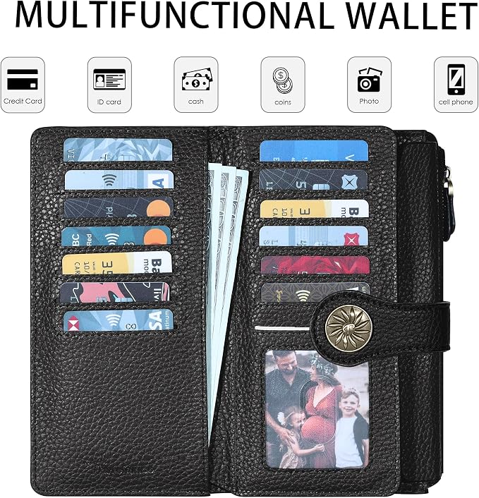 Travelambo Women's Wallet RFID Blocking Trifold Clutch Large Capacity Credit Card Holder Travel Purse