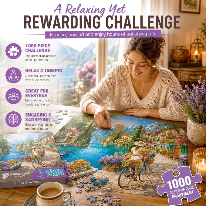 Adult Jigsaw Puzzle 1000 Piece Italian Daydream | Features a woman on a bicycle along the Mediterranean coast in Italy. Finished size is 20x27 inches. Great for game nights.