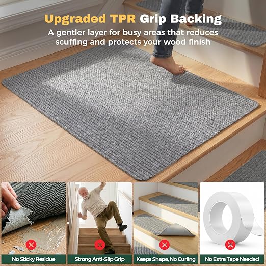 MBIGM Carpet Stair Landing Mat, 1 Pack, 2'6" x 2'6", Light Gray | Polyester carpet surface with PP mesh, nonwoven cushioning, and TPR adhesive backing for indoor stair coverage.