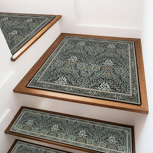 OJIA Floral Stair Treads Landing Mat Non-Slip Stair Runner for Wooden Steps | 31"x31" Indoor Carpet Stair Treads Maching Rug Staircase Step Treads for Kids, Elders and Dogs, Stair Covers, Black