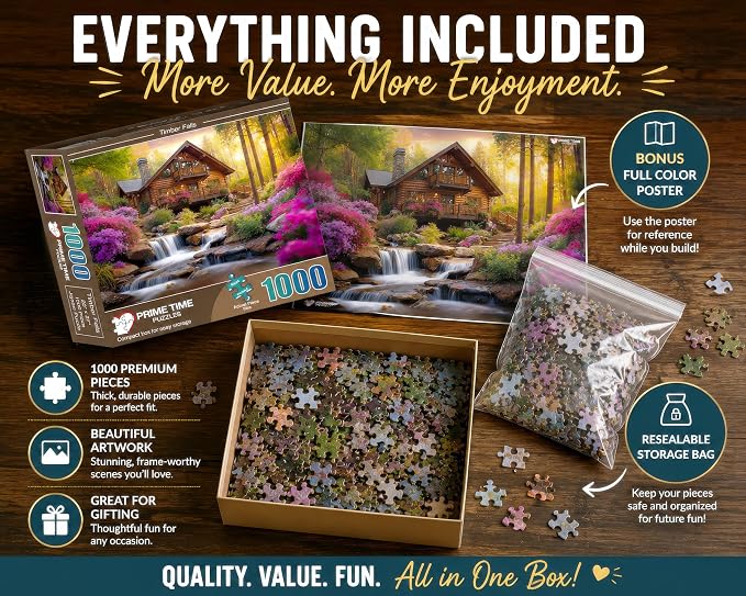 Adult Jigsaw Puzzle Mountain Cabin Waterfall | 1000-piece nature landscape photograph set in a forest. 20x27. Great for game nights on a table, puzzleboard, or floor.