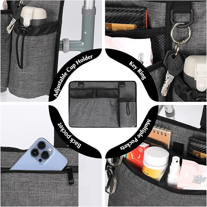 Walker Accessories for Seniors - Folding Walker Bag with Cup Holder, Storage Basket, and Organizer Pouch, Grey