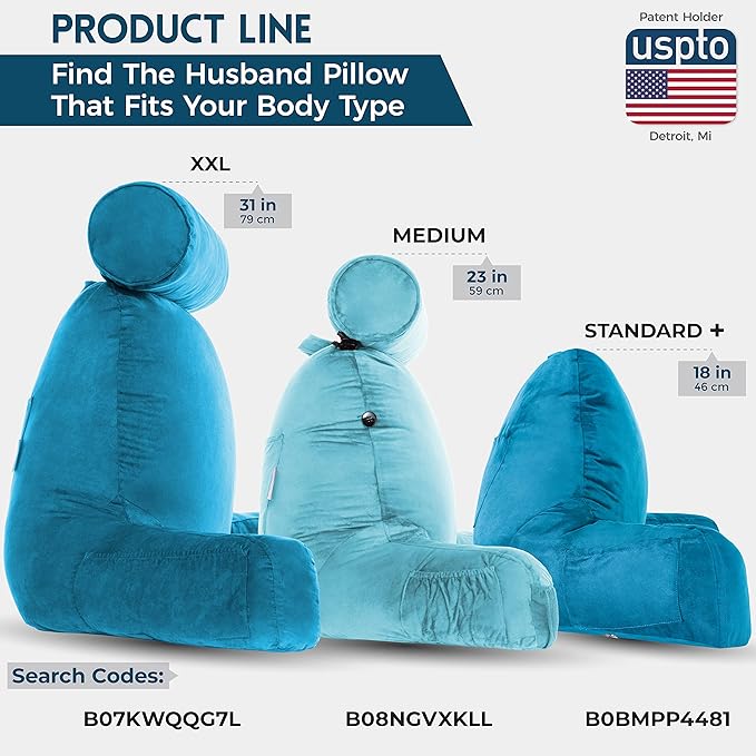 Husband Pillow XXL Reading & Bed Rest Pillows - Premium Memory Foam Backrest Pillow with Arms & Neck Roll - Aspen Edition Rodeo Blue - Reversible 2 Sided Cover with Plush Microfiber and Suede