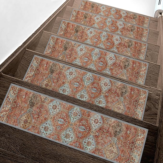 sarben 8"x30" Non Slip Stair Treads for Wooden Steps 15 Pack, Rust | Peel and Stick Carpet Stair Runner with TPE Adhesive Backing, Carpet for Added Safety, Pet and Senior Friendly