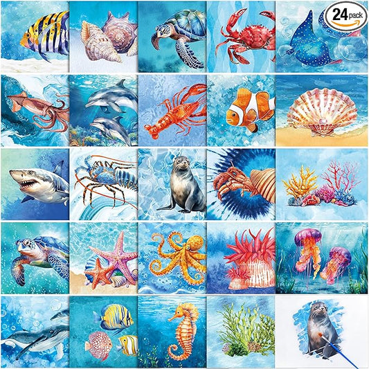 24 Pcs Dementia Products for Elderly Alzheimers Activities for Adults Seniors Reusable Water Painting Supplies with 1 Painting Brush Water Doodle Coloring Drawing Gifts Set(Ocean Life)