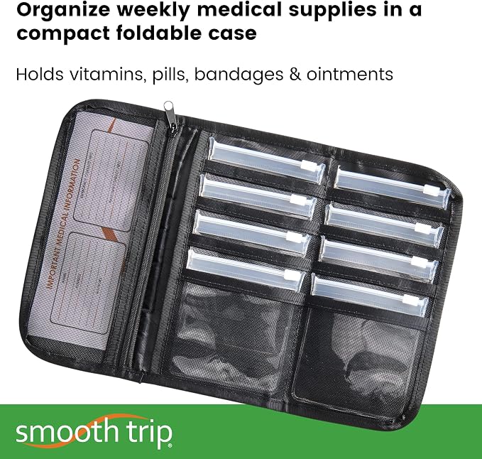 Smooth Trip Folding Pill Organizer - Slim Medicine Wallet and Foldable Pill Pouch Organizer with 8 Food Grade Zip-Close Pill Pouches for Home and Travel Medication Storage