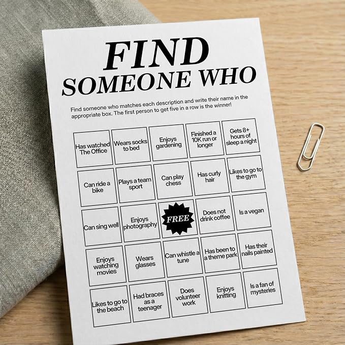 Find Someone Who Bingo Cards, 25 Unique Randomized 5x7 Sheets, Get to Know You Bingo Game for Adults, Ice Breaker Office Party Games, Team Building Games for Work, High Replay Value - B004