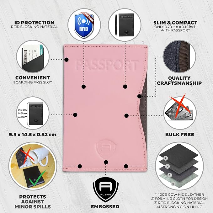 Alban RFID Passport Holder for Women & Men, Genuine Leather Passport Cover | RFID blocking design helps protect personal information while traveling, Slim genuine leather case for travel essentials