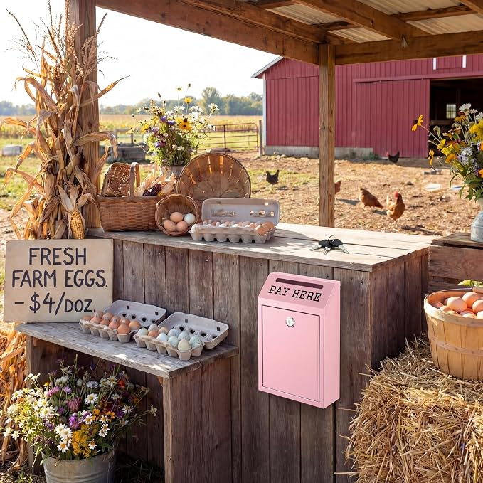 Yaocom Safe Metal Cash Box for Farm Stand – Money Drop and Secure Donation Collection, Wall Mount Lockable Unit with Pre Drilled Holes for Outdoor Self Serve(Pink,10.2 x 5.7 x 2.8 Inch)