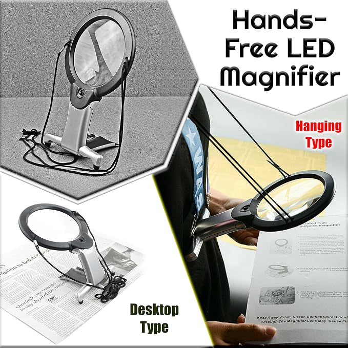 2X Hands Free Chest Rest LED Magnifier for Reading with 6X Spot Magnifying Glasses with Light for Sewing, Hobbies, Crafters, and DIY Projects – Adjustable Stand and Neck Cord for Seniors