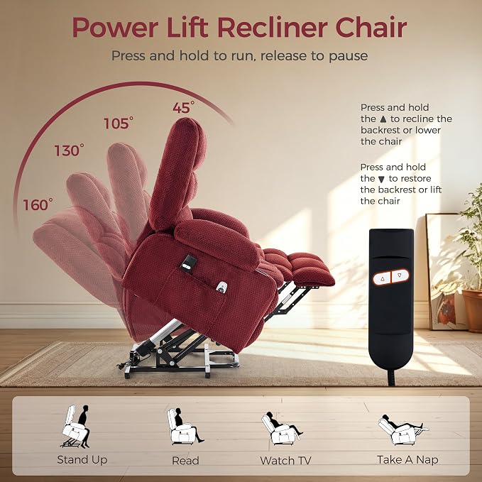Power Lift Recliner Chair for Elderly, Electric Reclining Lift Chair with Massage and Heating, Comfy Overstuffed Recliner Single Sofa with Cup Holders,Pockets,USB Charge Port for Living Room,Burgundy