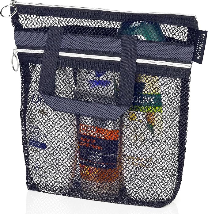 DV Lifestyle Mesh Shower Bag 10.2x9.9'' Quick-Dry Caddy with Zipper & 2 Pockets. Portable Toiletry Tote for Bathroom, Gym, Travel, Camp, Beach, for Sunscreen, Dorm & College Essentials (Black)