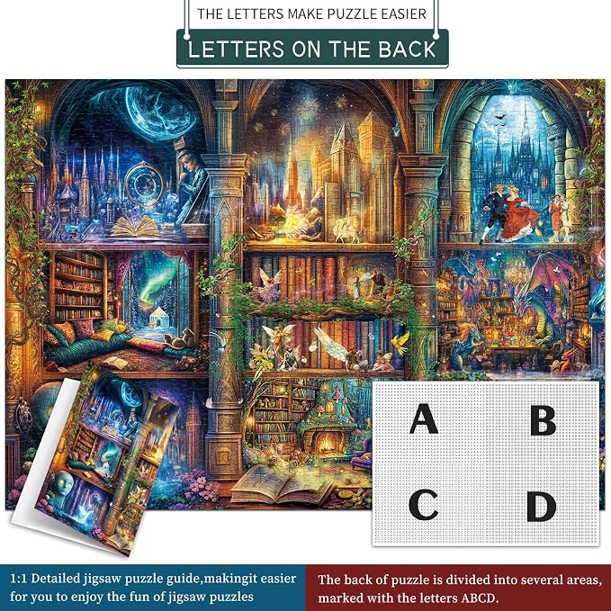 Puzzles for Adults 1000 Pieces, Enchanted Library Jigsaw Puzzle with 1:1 HD Poster, Perfect Interlocking No Dust, Stress Relief Ideal Gift for Family Games