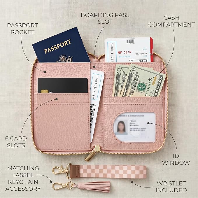 Beautiful Passport Holder And Travel Wallet with Wristlet Strap | All-in-One Organizer for Women Holds up to 4 Passports, w Card Slots and Keychain - RFID Blocking Keeps Documents Safe
