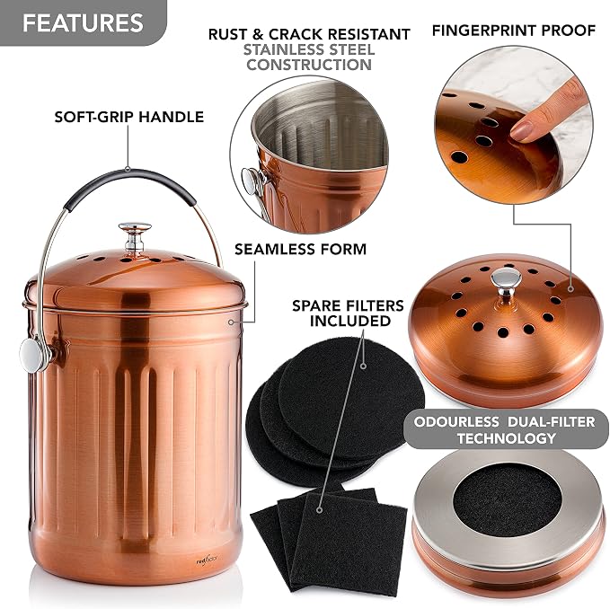 Premium Compost Bin for Kitchen Countertop - Stainless Steel Food Waste Bucket with Innovative Dual Filter Technology - Includes Spare Filters (Matt Copper, 1.3 Gallon)
