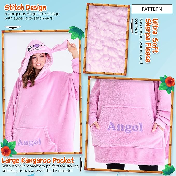 Disney Stitch Blanket Hoodie for Women Teens, Wearable Oversized Fleece Hooded Poncho with Pocket, Cozy Gifts for Women