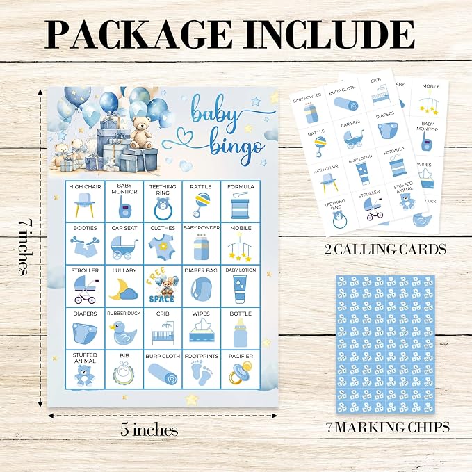 Baby Bingo Game Cards, Balloon Bear Bingo Games for Adults, Blue Baby Shower Bingo Cards Supplies, Gender Reveal Party Decor Favors, Card Gifts for Women Friends Family Birthday Holiday