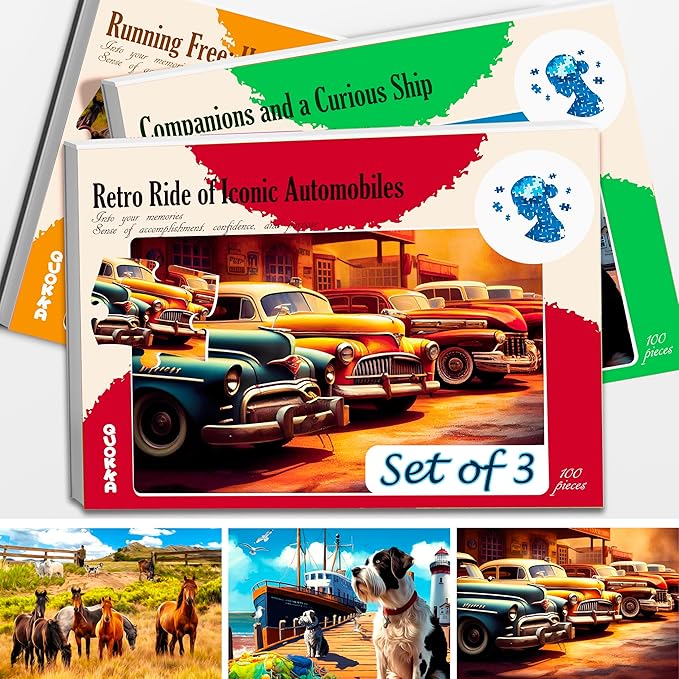 QUOKKA 100 Piece Dementia Activities for Adults - 3 Set Dementia Puzzles for Elderly - Large Piece Gifts Products for Seniors - Alzheimers Jigsaw Puzzle Games for Adults with Horses, Dogs and Cars