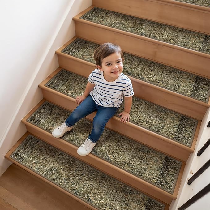 sarben 8"x30" Non Slip Stair Treads for Wooden Steps 15Pk,Dark Green Brown | Peel and Stick Carpet Stair Runner with TPE Adhesive Backing, Carpet for Added Safety, Pet and Senior Friendly