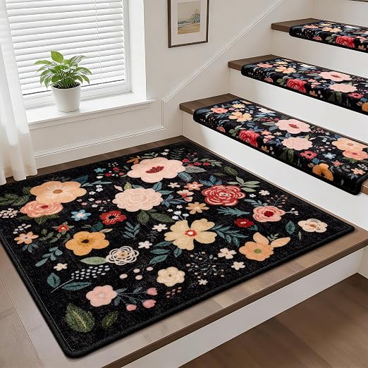RORA Stair Treads Landing Mat, 30x30 Stair Landing Rug for Indoor | Non-Slip, Washable, For Wooden Steps, Floral Design, Stair Rugs Mat for Pets, Black