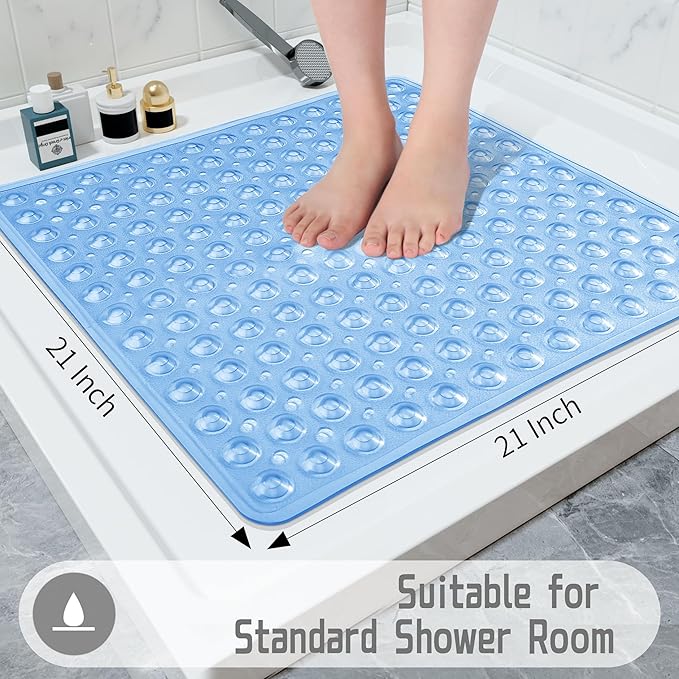 Yimobra Shower Stall Mat Non Slip, 21x21 Inch, Soft Square Bath Mat for Shower with Suction Cups and Drain Holes, Stall Floor Mats for Bathroom, Machine Washable, Bathroom Accessories, Clear Blue
