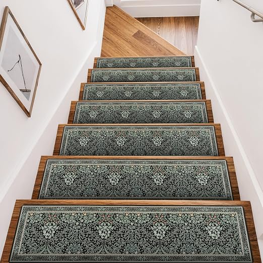 OJIA Black Stair Runner Non-Slip Stair Treads for Wooden Steps 15PCS 30"x8" | Floral Stair Runners Indoor Carpet Stair Treads Stair Mats Staircase Step Treads for Kids, Elders and Dogs, Stair Covers