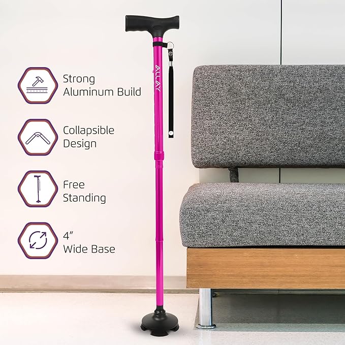 Allay Walking Cane for Men & Women - Foldable, Adjustable, Collapsible Walking Canes for Seniors Balance, Free Standing, Pivot Tip, Heavy Duty, with Travel Bag | Walking Sticks for Seniors & Adults