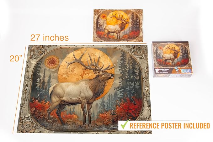 Adult Jigsaw Puzzle 1000 Piece Bull Elk Forest | Rocky Mountain fall wildlife scene. Challenging 1000-piece design. Great for game nights on a table, puzzleboard, or floor.