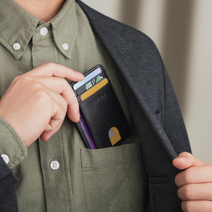 Buffway Slim Minimalist Front Pocket RFID Blocking Leather Wallets for Men and Women - Slate Black | Slim
