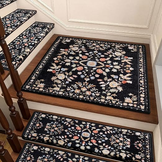 RORA Stair Treads Landing Mat, 30x30 Stair Landing Rug for Indoor | Non-Slip, Washable, For Wooden Steps, Floral Design, Stair Rugs Mat for Pets, Black