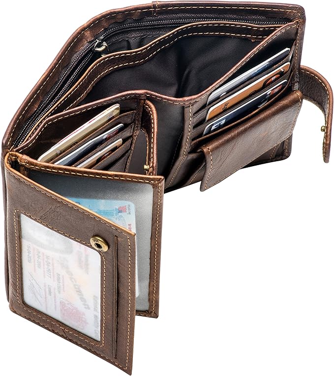 POKOFO Large RFID Genuine Leather Card Holder Trifold Wallet Snap Closure 3 ID Windows for men
