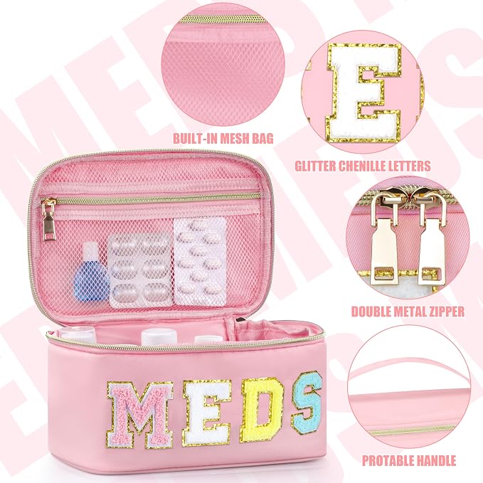 BuyCard Medicines Chenille Letter Bag Nylon Meds Makeup Pouch Preppy Path with Zipper and Handle Cosmetic Toiletry Storage Purse for Women Pink