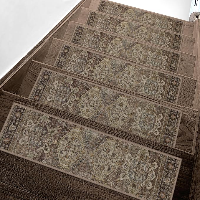 sarben 8"x30" Non Slip Stair Treads for Wooden Steps 15 Pack, Sage Brown | Peel and Stick Carpet Stair Runner with TPE Adhesive Backing, Carpet for Added Safety, Pet and Senior Friendly