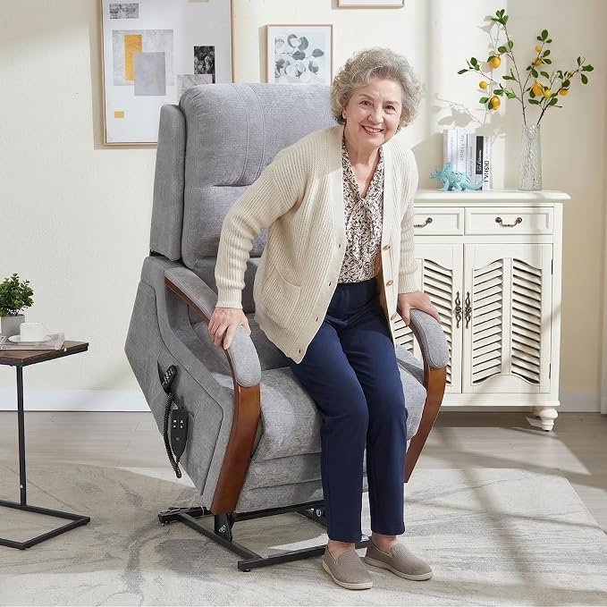 Power Lift Recliner Chair for Elderly People, Dual Motor Lift Chair with Vibration Massage and Heat, Lay Flat Recliner with Solid Wood Armrest, Standing Assistance Reclining, Chenille Fabric Gray