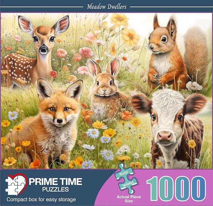 Adult Jigsaw Puzzle 1000 Piece Cute Animals | Features deer, cow, fox, squirrel, and rabbit artwork. 20x27-inch. Great for game nights on a table, puzzleboard, or floor.