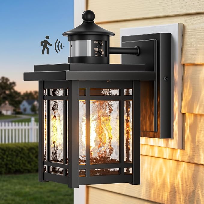 Gleamz Black Exterior Lighting Fixtures, Aluminum Motion Sensor Porch Lights Outdoor, Waterproof Dusk to Dawn Outdoor Lighting with Ripple Glass, Modern Outside Wall Lights for House,Patio, E26 Socket
